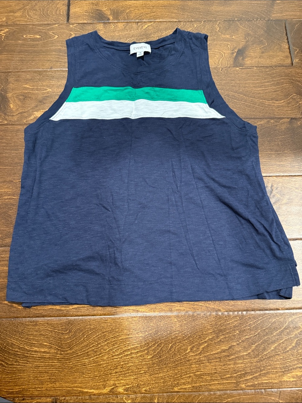 Evereve Navy Tank with Green and White Stripe Detail
